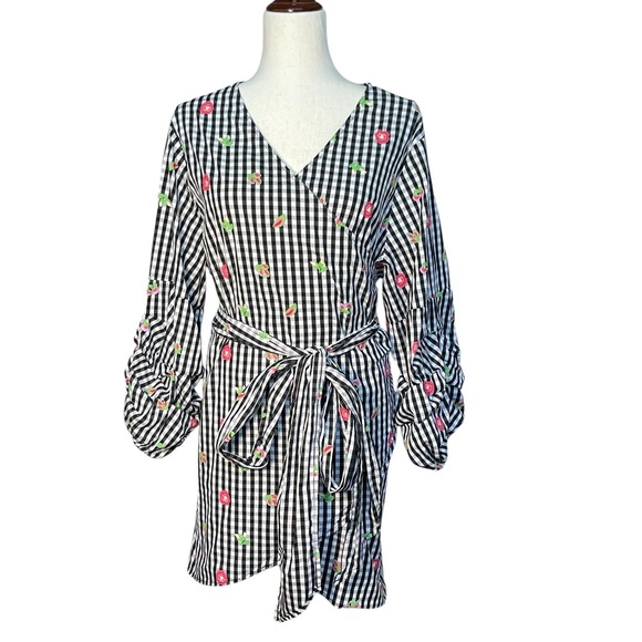 Monroe & Main True Wrap Tunic Top 1X Black Gingham Floral Duster‎ Balloon Sleeve - Picture 1 of 9
